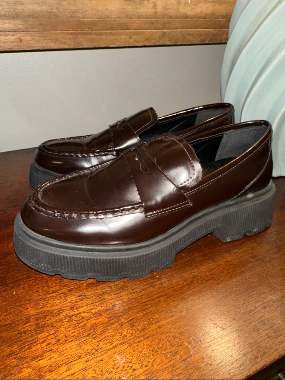 Kenneth Cole Women's Dark Brown Patent Penny Loafers with Black lugPlatform Sole